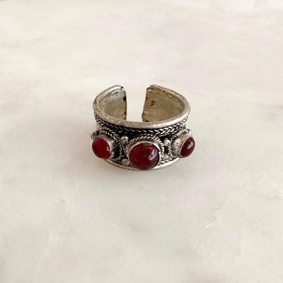 Vintage Tibetan Silver Red Stone Ring, Adjustable… - image 1