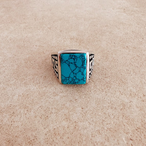 Men's Sterling Silver Square Turquoise Signet Rin… - image 2