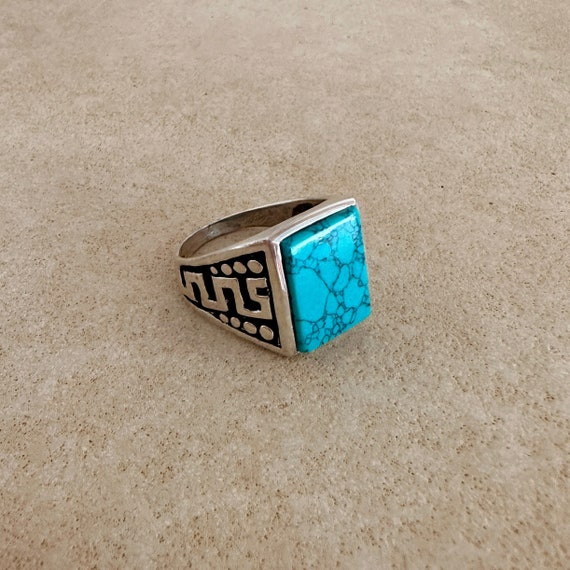 Men's Sterling Silver Square Turquoise Signet Rin… - image 1