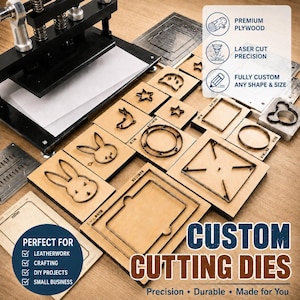 Op de afbeelding: Een zwarte metalen stansmachine naast diverse houten stansvormen in de vorm van konijnen, sterren, cirkels en rechthoeken. De tekst op de afbeelding bevat PREMIUM PLYWOOD, LASER CUT PRECISION, FULLY CUSTOM ANY SHAPE & SIZE en CUSTOM CUTTING DIES.