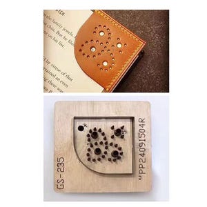 Puede incluir: Un punz&oacute;n de cuero de madera de cerca con un dise&ntilde;o de tr&eacute;bol. La herramienta est&aacute; etiquetada como "GS-235" y "PP24091504R".