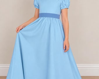 Adult Wendy Darling Dress Peter Pan Wendy Short Sleeve Blue Dress With Tie Belt and Hair Bow