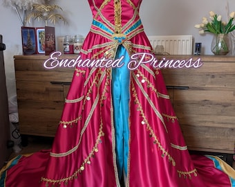 Disfraz inspirado en la princesa Jazmín: vestido de princesa árabe de satén rosa