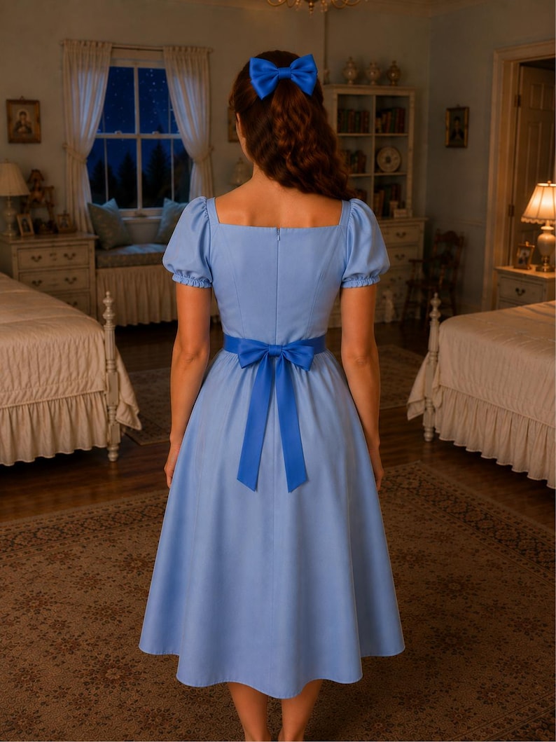 May include: A light blue dress with a square neckline and short, puffed sleeves. The dress features a matching bow at the waist and a bow in the hair. The dress has a flared skirt and is made of a soft fabric. The dress is a classic, vintage style.