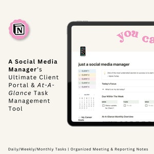 May include: A tablet screen displaying a social media manager's dashboard with a calendar, client list, and task management features. The text "just a social media manager" is displayed at the top of the screen.
