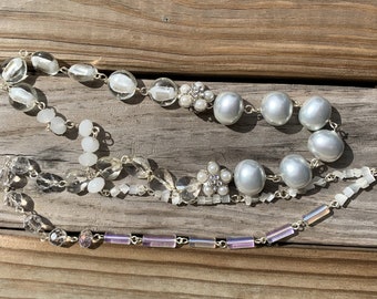 Dove Gray Pearl Necklace with Milk Glass and Clear Heart Glass Beads