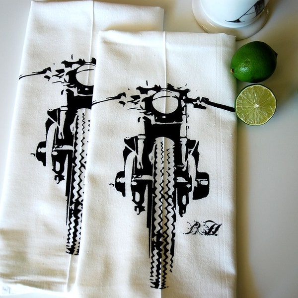 Screen Printed Motorcycle Tea Towel Pair- Dish Towel- Motorcycle Towel- Bar Towel- Flour Sack Towel- Kitchen Towel- Towel Pair