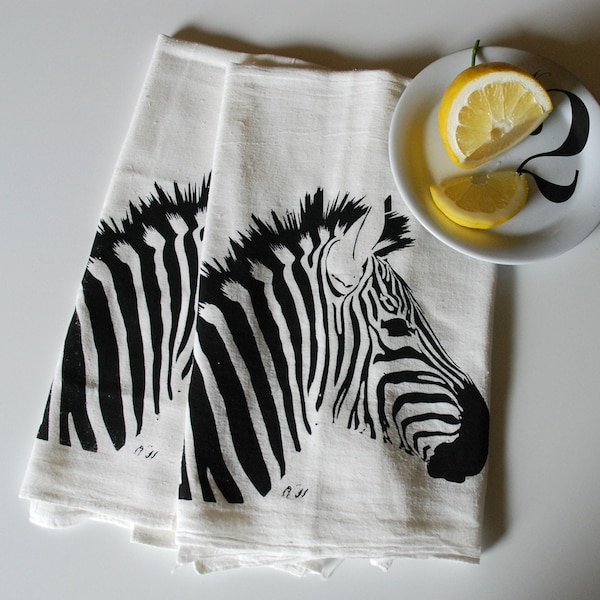 Zebra Hand Screen Printed Tea Towel Pair Black on White- flour sack towel- dish cloth- bar towel- animal towel- foodie gift-