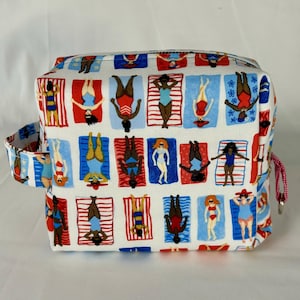 Med Handmade Zippered Sunbather Fabric Boxy Pouch for Makeup, Toiletries, Notions, Travel, Storage, etc. Fully Lined & Padded. Great Gift!