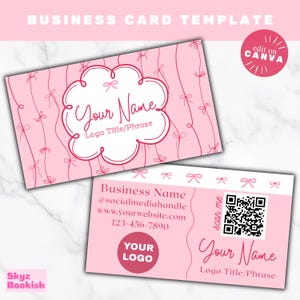 Visitekaartje met roze en rode strikken - canvassjabloon, klein bedrijf, promotioneel, doe-het-zelfkaart, QR-code, trendy, girly, coquette, bewerkbare kaart