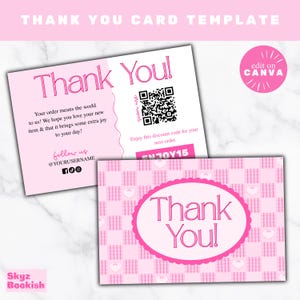 Pink Coquette-bedankkaart - afdrukbare canva-sjabloon, QR-code, klein bedrijf, trendy, girly, verpakking, coquette, DIY-kaart, promotie