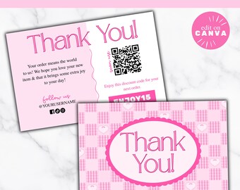 Pink Coquette Thank You Card - Printable Canva Template, QR Code, Small Business, Trendy, Girly, Packaging, Coquette, DIY Card, Promotion