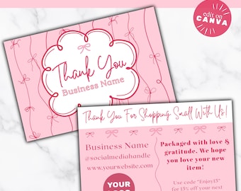 May include: Pink thank you card template with a cloud-shaped design and the text "Thank You" and "Business Name". The card also includes the text "Thank You For Shopping Small With Us!" and a space for a business logo.