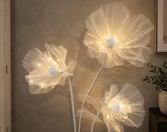 Set of 3 White Flowers with Leaves, Stems, and Stand  - Organza Flower Floor Arrangement