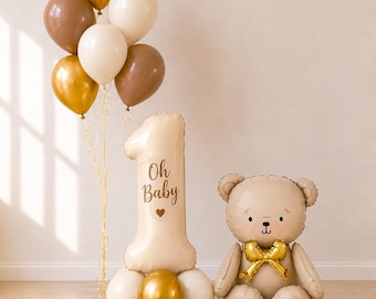 Neutral Bear Party Balloon Set | Baby Shower, Birthday Decor (Oh Baby Number)