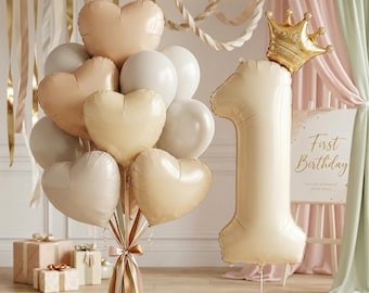DIY Cream & Caramel Heart Balloon Bouquet Set with Custom Number | Neutral Birthday Balloon Decoration