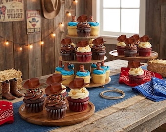 Puede incluir: Una exhibición de cupcakes con temática de vaquero, con adornos de sombreros de vaquero marrones. Los cupcakes están dispuestos en bandejas de madera y un soporte escalonado. Los cupcakes tienen varios colores de glaseado y decoraciones, incluyendo una estrella y una bota de vaquero.