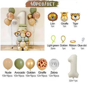 May include: A 40-piece balloon set featuring a large number 1 balloon, animal-themed foil balloons including a lion, giraffe, and tiger, plus assorted latex balloons in nude, avocado, golden, giraffe print, and zebra stripe patterns with ribbon and glue dots.