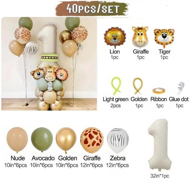 May include: A 40-piece balloon set featuring a large number 1 balloon, animal-themed foil balloons including a lion, giraffe, and tiger, plus assorted latex balloons in nude, avocado, golden, giraffe print, and zebra stripe patterns with ribbon and glue dots.