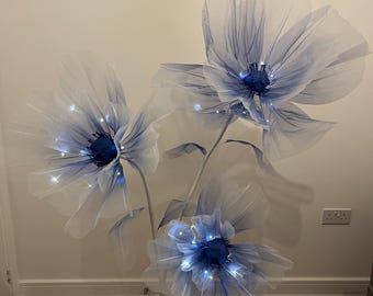 Set of 3 Blue Flowers with Leaves, Stems, and Stand  - Organza Flower Floor Arrangement
