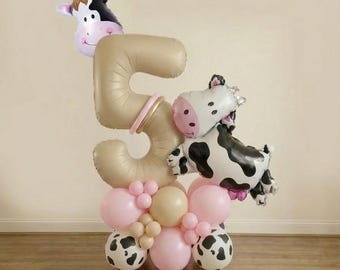 Cow Birthday Balloon Stack | Custom Number, Farm Theme Party