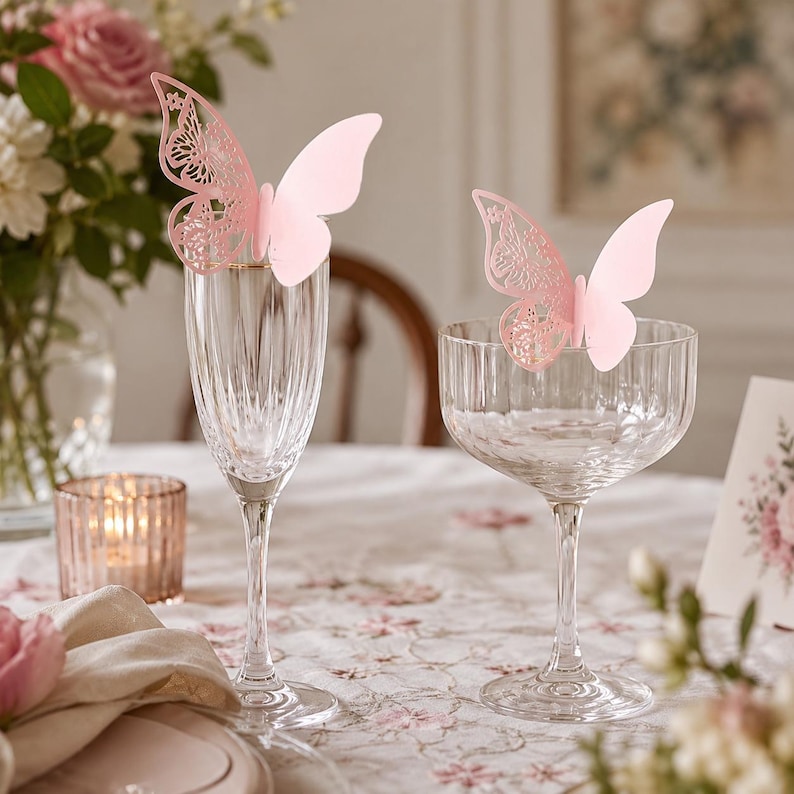 3D Butterfly Place Name Wine Glass Markers: Elegant Wedding Table Decor, Paper Light Pink