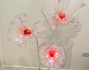 Set of 3 Pink Flowers with Leaves, Stems, and Stand  - Organza Flower Floor Arrangement