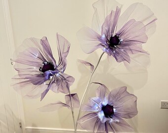 Set of 3 Purple Flowers with Leaves, Stems, and Stand  - Organza Flower Floor Arrangement