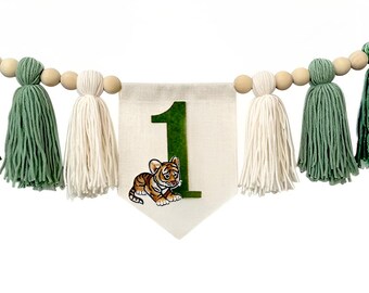 Guirnalda para silla de primer cumpleaños con temática de tigre de safari – Guirnalda “ONE” con temática de la jungla para la decoración del primer cumpleaños