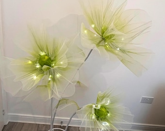 Set of 3 Green Flowers with Leaves, Stems, and Stand  - Organza Flower Floor Arrangement