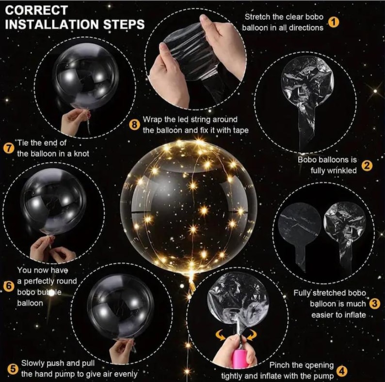 May include: A step-by-step guide on how to inflate a clear bobo balloon with LED lights. The instructions include stretching the balloon, wrapping the LED string around it, and inflating it with a hand pump. The image shows the balloon at different stages of inflation.
