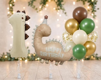 Retro Dinosaur Birthday Balloon Set – Custom Age, Neutral Boho Party Decor