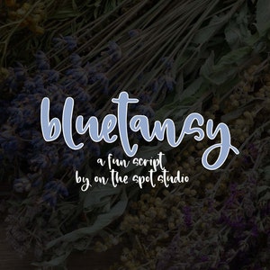 May include: A blue and white handwritten font called "bluetansy" with the text "a fun script by on the spot studio" below it. The font is displayed against a background of dried flowers.