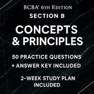 Könnte beinhalten: Weißer Text auf dunklem Hintergrund mit Marmoreffekt. Der Text lautet "BCBA 6TH EDITION SECTION B CONCEPTS & PRINCIPLES" mit zusätzlichem Text, der "50 ÜBUNGSFRAGEN + ANTWORT-SCHLÜSSEL ENTHALTEN" und "2-WOCHEN-STUDIENPLAN ENTHALTEN" angibt.