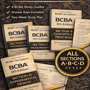 Op de afbeelding: Afbeelding van BCBA-examengidsen, die de secties A t/m D behandelen. De gidsen bevatten oefenvragen en antwoordsleutels, met een studieplan van twee weken. De boeken zijn gelabeld met de BCBA 6th Edition.