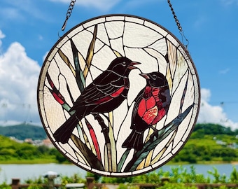 Atrapasol de vitrales de mirlos de alas rojas enamorados / Decoración para ventanas / Regalo para amantes de las aves y la naturaleza / Idea de regalo para la vida silvestre