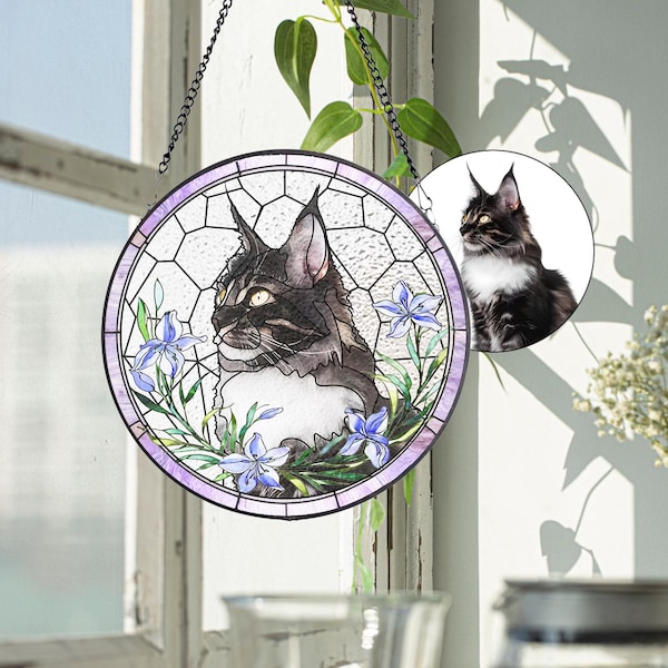 Aangepaste huisdier portret gebrandschilderd glas Suncatcher, gebrandschilderd glas kat Memorial, aangepaste kat portret van foto, huisdier verlies geschenken, glas in lood kat