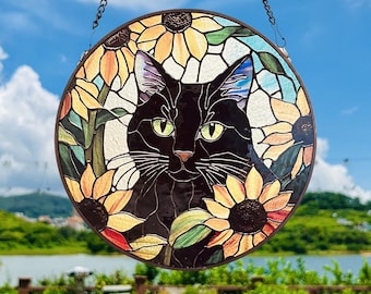 Atrapasol estilo vitral con diseño de gato entre flores, decoración para ventanas, decoración del hogar, regalo para amantes de los gatos y entusiastas de la jardinería.