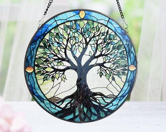 Acchiappasole in vetro colorato Albero della vita Acchiappaluce Albero della vita Ciondolo protettivo da appendere alla finestra Decorazione per la casa Albero del mondo