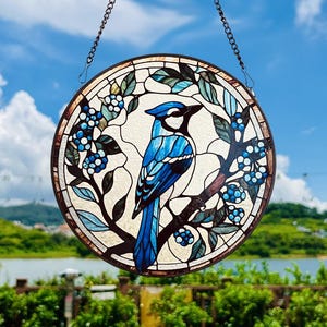 Blue Jay in the Bush Stained Glass Suncatcher Window Decoration | Perfect for Home & Garden | Gift for Bird Lovers  Nature Enthusiasts