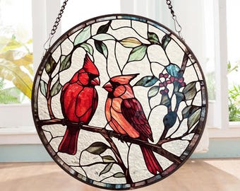 Northern Cardinals  Stained Glass  Suncatcher , Angelversary gift, Remembrance Gift, Condolence gift, loss of loved one gift