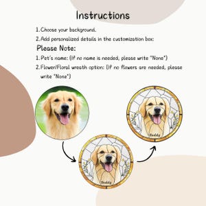 May include: Instructions for a custom pet portrait. The image shows a Golden Retriever and two stained-glass style portraits of the dog with the name "Buddy". Text includes instructions for choosing a background and adding personalized details.