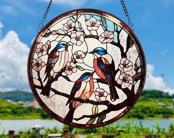 Atrapasueños de vitrales con muchos petirrojos jugando en una rama, decoración para ventanas, decoración del hogar, inauguración de la casa para amantes de las aves y la naturaleza.
