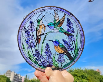 Atrapasol estilo colibrí con vitrales de lavanda, decoración de ventanas, arte de pared, colgante de ventana, regalo para mamá, decoración de jardín, regalo para amantes de las aves.