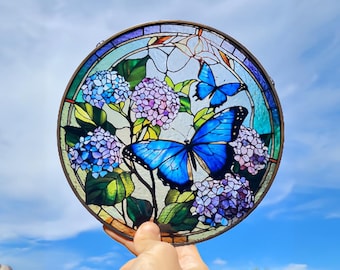 Butterfly Flying Among Flowers Stained Glass Style Suncatcher | Window Decor | Home Decoration | Ideal Gift for Butterfly  Garden Lovers