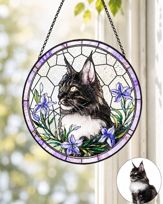 Custom Pet Portrait Stained Glass Suncatcher, Cat Memorial Gift, Dog Memorial, Custom Pet Loss Sympathy Gift, Personalized Pet Keepsake