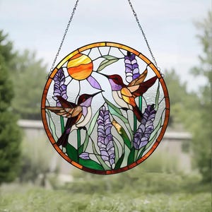 Kolibrie gebrandschilderd glas Suncatcher raambekleding met bloemen, vogel gebrandschilderd glas voor raamdecoratie kolibrie cadeaus voor moeder, vogelliefhebbers