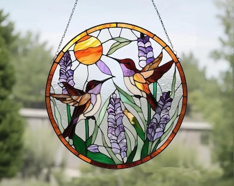 Hummingbird Stained Glass Suncatcher Window Hangings with Flowers, Bird Stained Glass for Window Decor Hummingbird Gifts for Mom,Bird Lovers