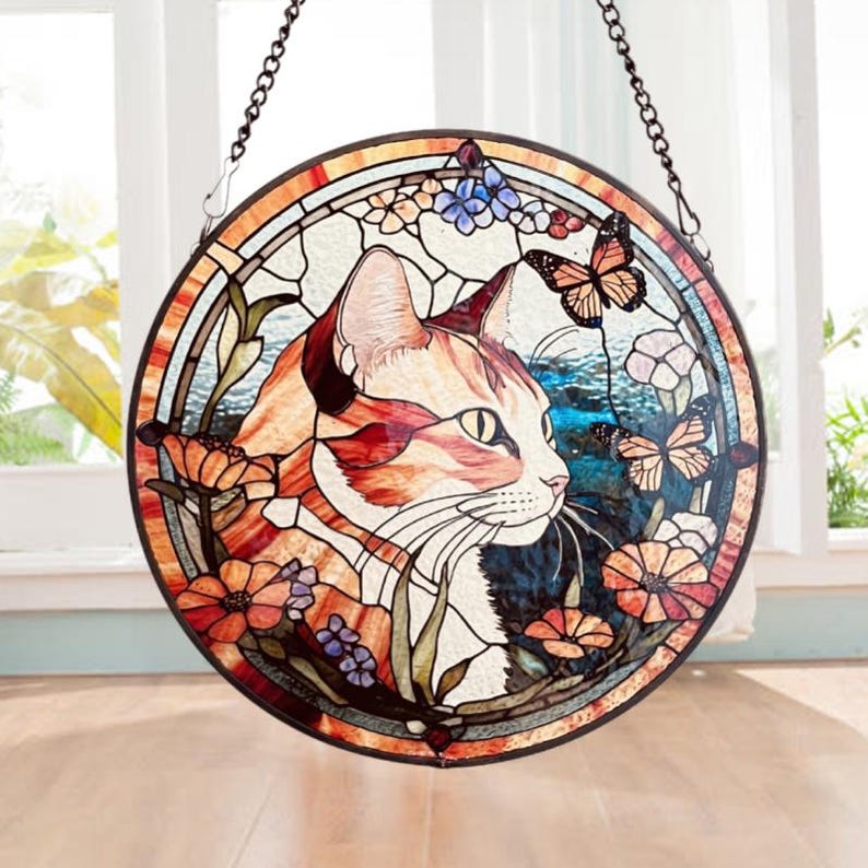 Cat Among Flowers Stained Glass Style Suncatcher | Window Decor | Home ...