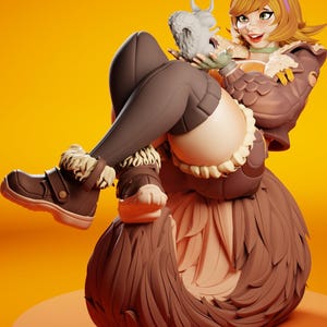 May include: A brown and white furry figure with a brown jacket and a white furry hat sits on a brown platform. The figure is holding a small white furry figure in its arms. The background is a solid orange colour.